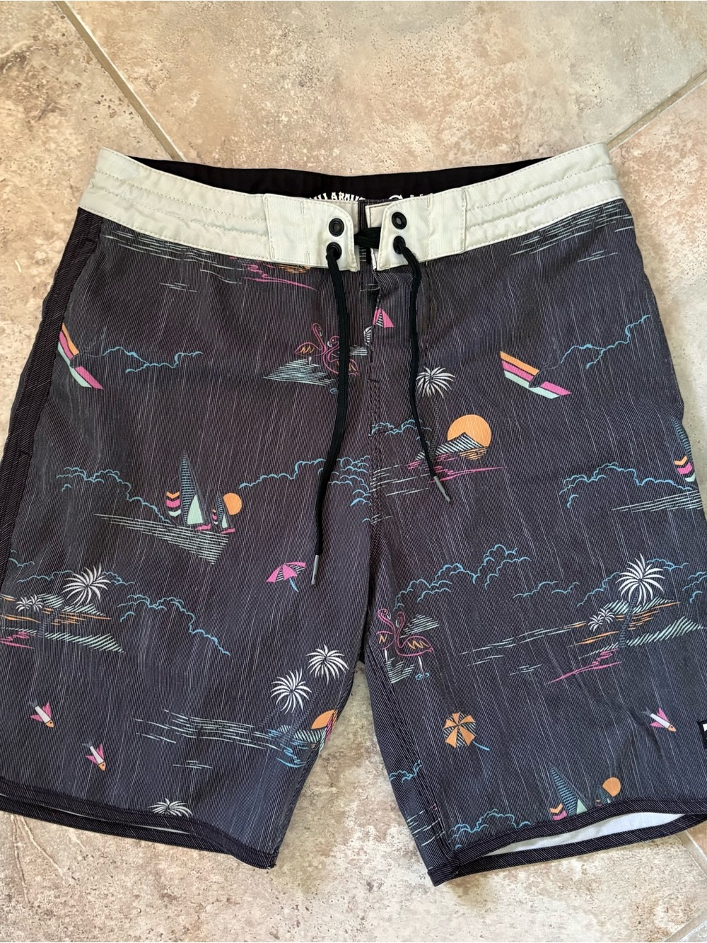 Billabong 73 Lo Tide Flamingo Palm Tree Board Short Swim Trunks Gray Beach Retro